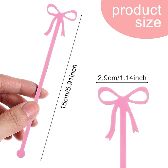 20PCS Drink Stirrers Cocktail - Shimmeroo Pink Bow Acrylic Drink Stirrers, 6 Inch Long Reusable Plastic Stirrer for Wedding Birthday Bridal Bachelorette Party Supplies Cupcake Decorations