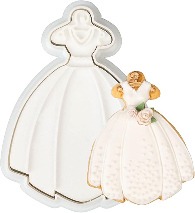 Flycalf Wedding Cookie Cutters Dress Shapes with 3D Stamper Eco-Friendly PLA Kitchen Cake Decorating Bridal Shower Gifts for Kids 4" Baking Embossing Stamps Mold Supplies Biscuit Fondant Tools