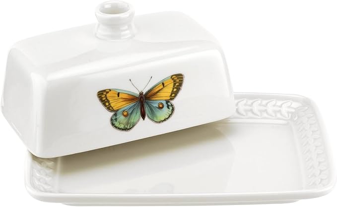 Portmeirion Botanic Garden Harmony Covered Butter Dish, 7.5 Inch - Porcelain Butter Keeper with Butterfly Motif - Dishwasher, Microwave, Freezer, Oven Safe - Vintage Inspired Kitchenware