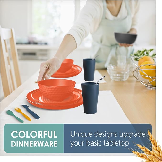 Teivio 88-Piece Kitchen Plastic Wheat Straw Dinnerware Sets for 8, Dinner/Dessert/Tidbit Plate, Cereal/Fruit Bowls, Cups, Flatware,Dishwasher Safe, Colorful Unbreakable RV Dishes, Fall Multicolor