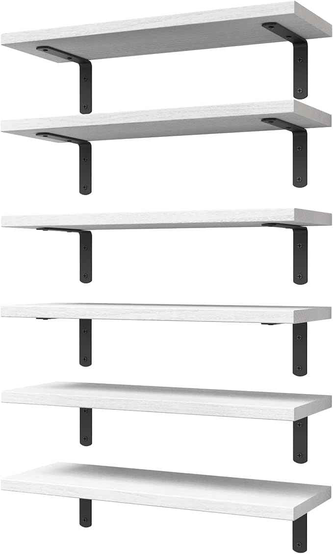 WOPITUES White Floating Shelves Set of 6,Wood for Bedroom,Modern Wall Decor,Bathroom Storage,Book Living Room[Upgraded]-White (HM011A)