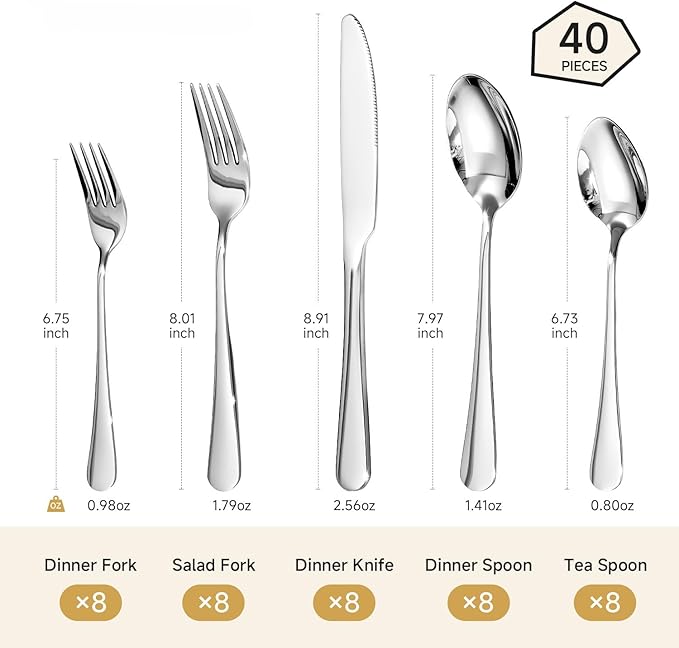 40-Piece Silverware Set for 8, 18/10 Stainless Steel Flatware Set, Heavy Duty Mirror Polished Cutlery Set, Dishwasher Safe Kitchen Utensils for Home Restaurant, Wedding Gift - HIKAA