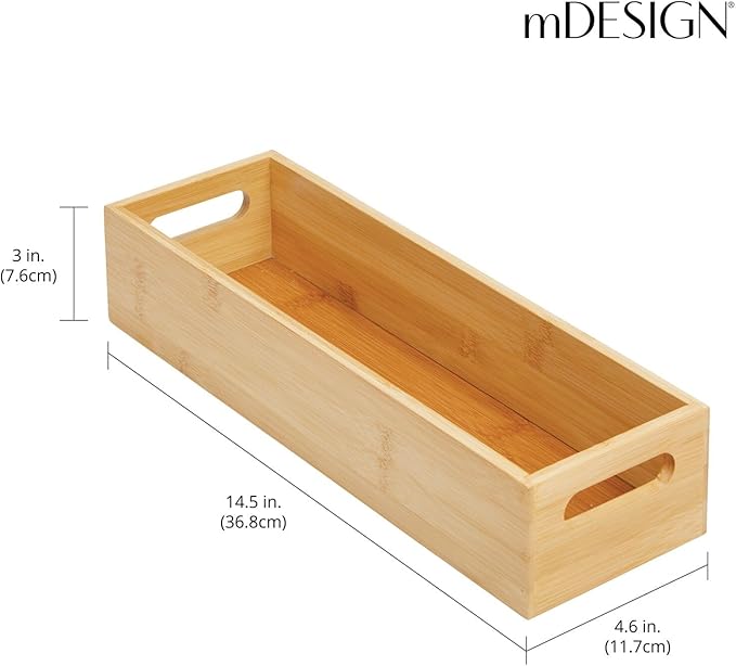 mDesign Set of 2 Kitchen Storage Box – Open-Top Bamboo Storage Tray with Handles – Ideal for Use as a Cupboard Organiser or on The Shelf – Natural