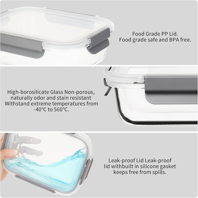 AILTEC 10 Pack Glass Meal Prep Containers, Glass Food Storage Containers with Lids Airtight, Storage Container Set with Lid for Food, Bpa-free, Leak-proof, Microwave Oven Freezer Dishwasher Safe