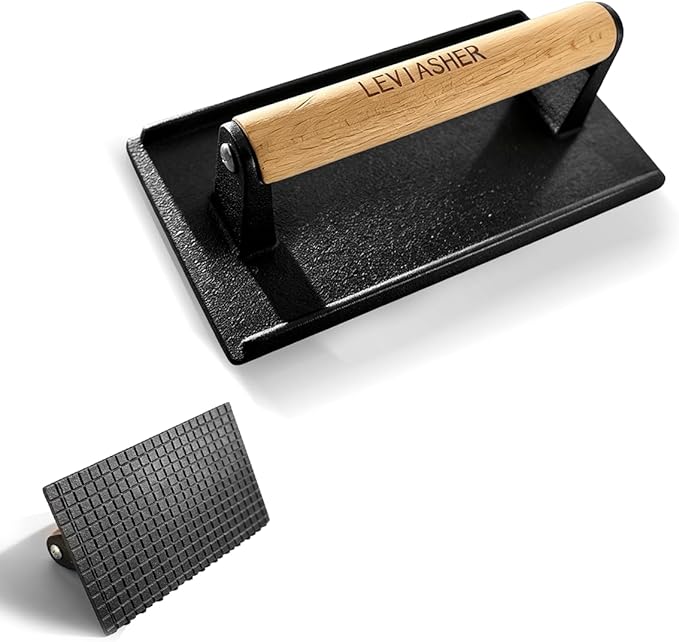 2.2 lb Heavy Duty Cast Iron Grill Press, 7.8X3.9 inch Rectangle Bottom Granular Burger Press with Wood Handle for Blackstone, Chef, Camp, Panini, Vegetable, Bacon, Sandwich, BBQ