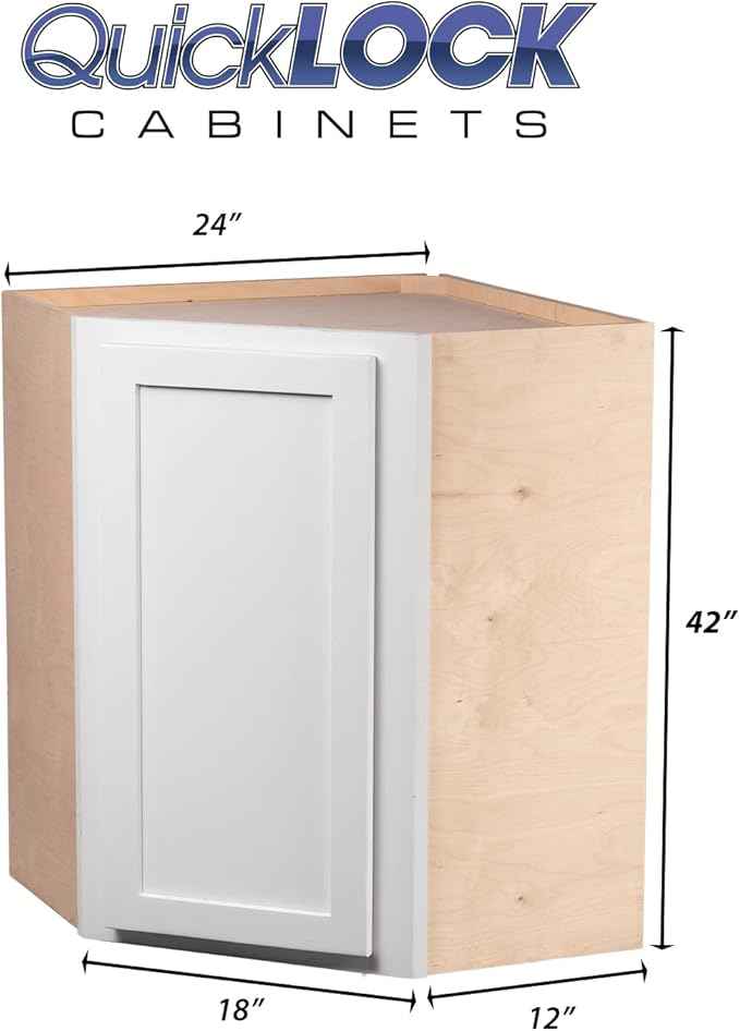 Quicklock RTA (Ready-to-Assemble) 42" Tall Wall Kitchen Cabinets - Shaker Style | 100% Hardwood | Made in America | Soft Close Hardware (Pure White, 12" D x 24" W x 42" H Corner)