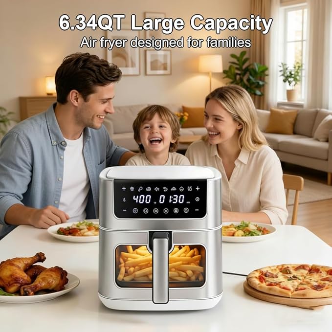 HealSmart 6.34 Qt Air Fryer with Window, 8-in-1 Digital AirFryer Oven, 1700W, Nonstick Dishwasher-Safe Basket, Air Fry, Roast, Dehydrate, 90-Min Timer, Stainless Steel, White