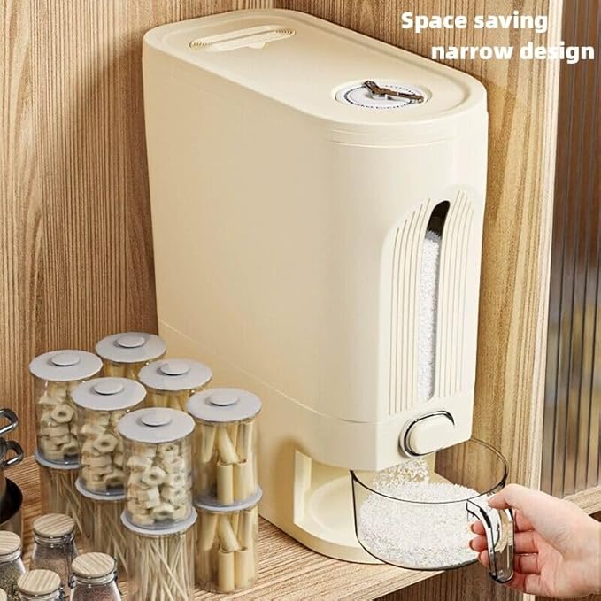 IEEK 25 Lbs Rice Dispenser, Large Cereal Dry Food Storage Containers with Measuring Cup and Lid,Moisture Proof Airtight Food Dispenser Bucket for Rice,Corn,Coffee Bean,Grain,Soybean and Oatmeal,White