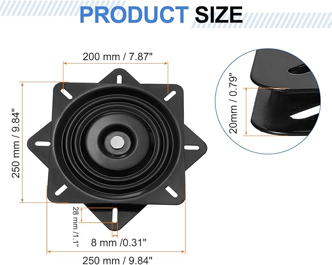 uxcell 2Pcs 10" Bar Stool Swivel Replacement, 360° Rotation Lazy Susan Turntable, Square Semi-Ball Bearing Seat Swivel Base Mount Plate for Recliner Chair or Table, Black (250x2mm)