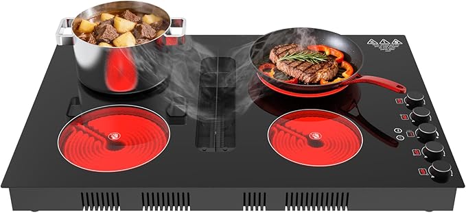 31" Electric Cooktop with Downdraft – 4 Burner 6000W Built-in Electric Stove, BBQ Bridge Burner, Timer, Safety Lock, Recirculating Vent (220V-240V)