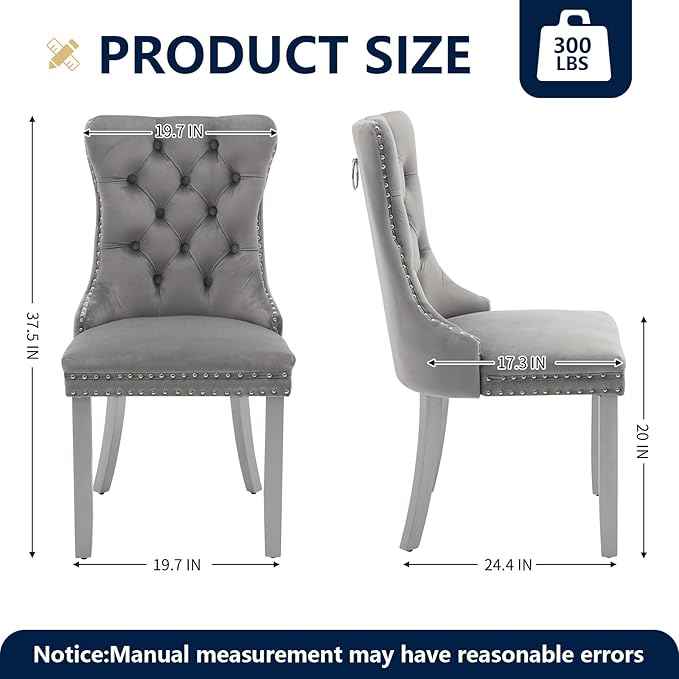 Velvet Dining Chairs Set of 6, Kitchen & Dining Room Chairs, Upholstered Dining Chairs with Back Ring Pull and Silver Solid Wood Legs, Modern Tufted Kitchen Chairs for Dining Room, Light Grey
