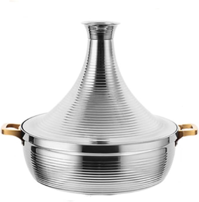 Stainless Steel Moroccan Tagine Pot, Large Moroccan Tajine Casserole with Cone-Shaped Lid, Non Stick Tagine Cooking Pot with 2 Handles(28cm/11in, Silver)