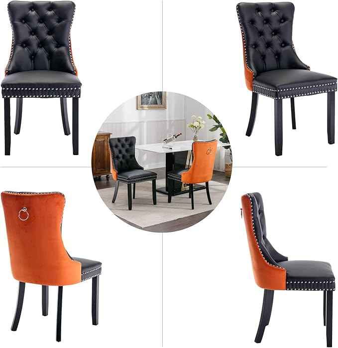 Dining Chairs Set of 6, Upholstered Dining Room Chairs with Back Ring Pull Trim and Solid Wood Legs, Modern Tufted Kitchen Chairs Perfect for Dining Room, Black Pu Leather Splicing Orange Velvet