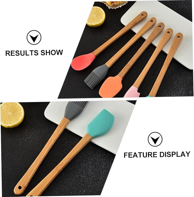 Cute Kids Baking Supplies 5pc Wood Handle Silicone Baking Tools Set for Girls Food-grade