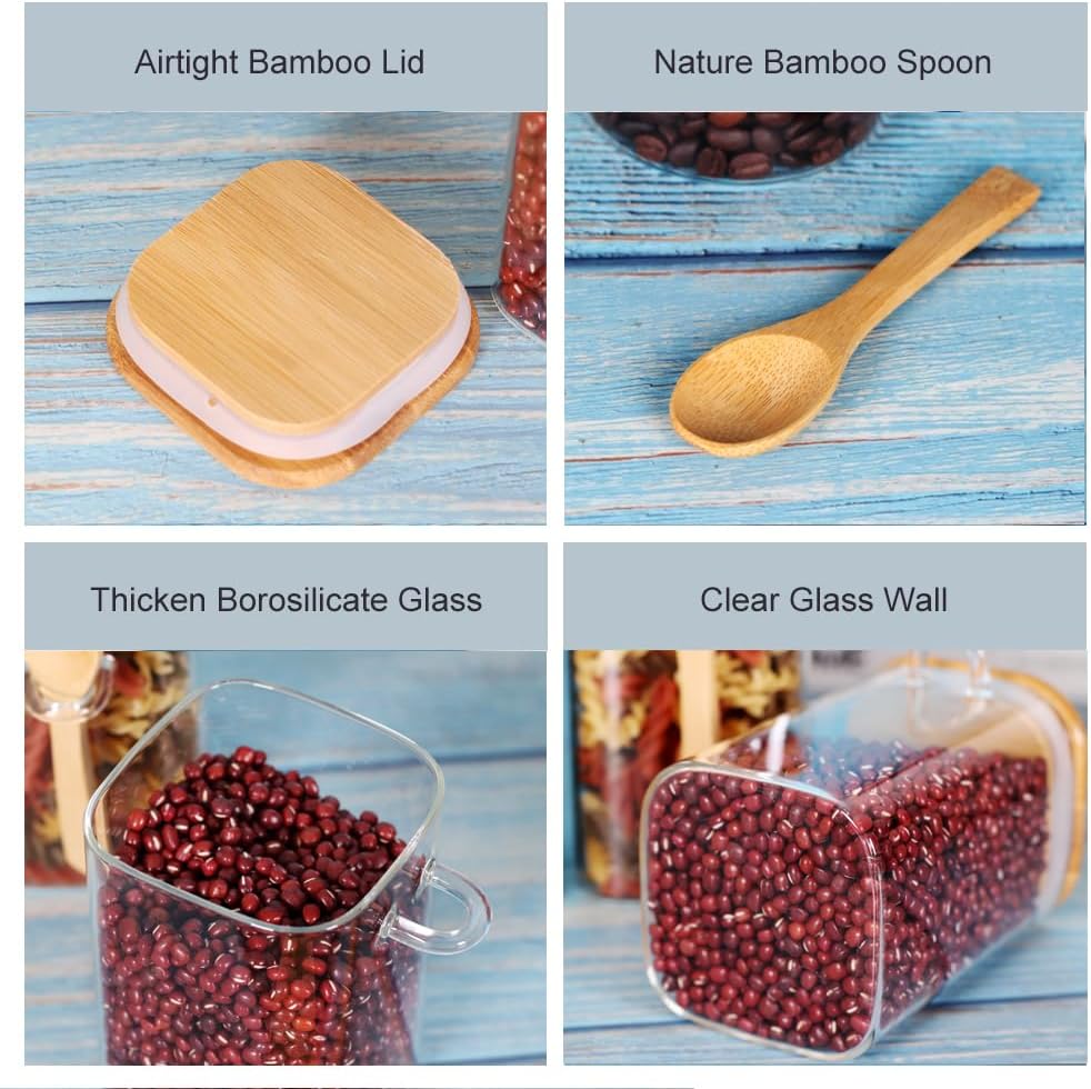 Glass Jar with Bamboo Lid and Spoon,Set of 6 Square 17 OZ Tea Containers for Loose Leaf Tea, Salt and Sugar Containers for Countertop, Yogurt Jars for Overnight Oatmeal