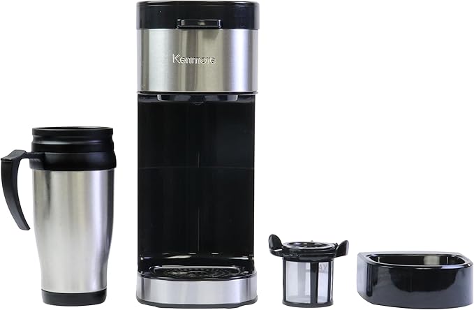 Kenmore Single Serve Coffee Maker – Compatible with Keurig K‑Cup Pods & Ground Coffee, One Cup Brewer, 6–12 Oz Brew Sizes, Travel Mug Friendly, Auto Shut‑Off, Hot & Iced Maquina de cafe, Black