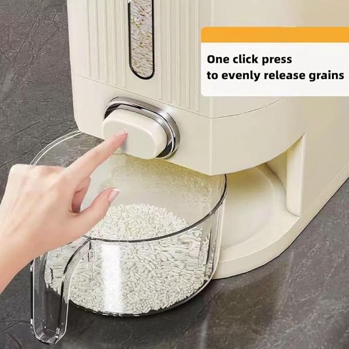 IEEK 25 Lbs Rice Dispenser, Large Cereal Dry Food Storage Containers with Measuring Cup and Lid,Moisture Proof Airtight Food Dispenser Bucket for Rice,Corn,Coffee Bean,Grain,Soybean and Oatmeal,White