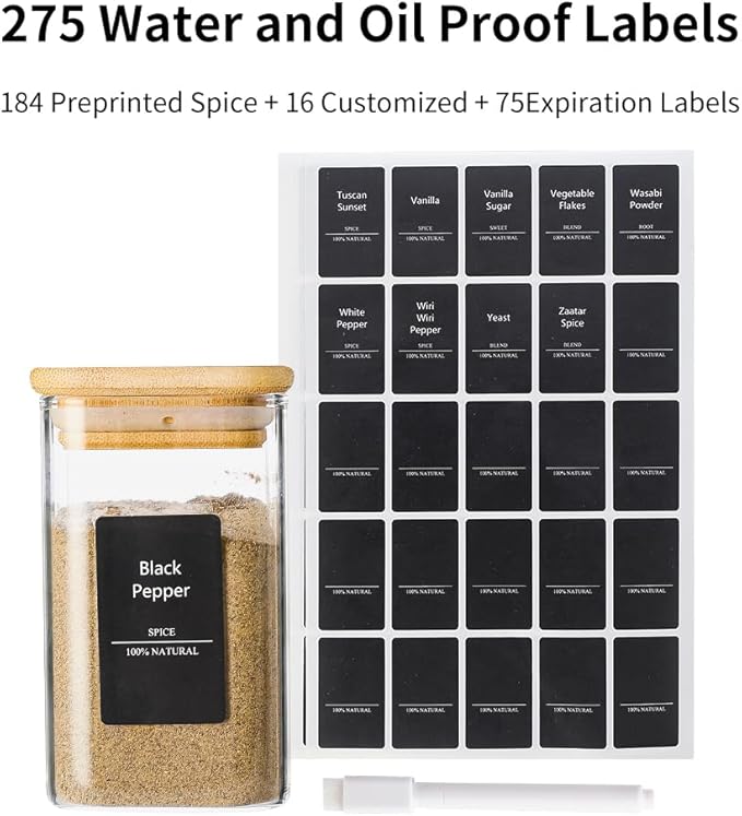 16Pcs 9oz Spice Jars Glass Container with 275 Labels, Airtight Seasoning Empty Organizer with Bamboo Lid Set for Pepper, Salt, Sugar