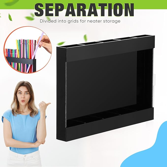 Qinyoung Acrylic Straw Holder for Cabinet Door with Double Sided Adhesive Tape Reusable Straw Organizer Tumbler Storage Kitchen Accessories Container for Counter Cupboard(Classic,Large,Black)