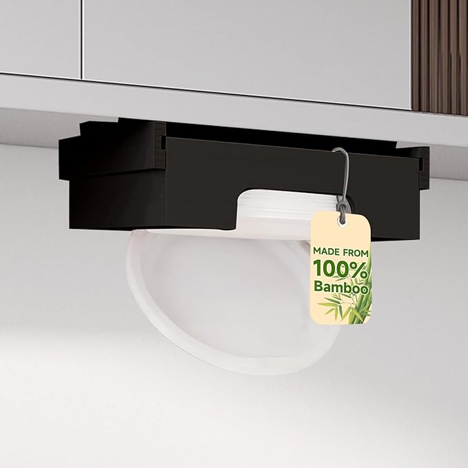 Paper Plate Dispenser Under Cabinet - 10 inch Bamboo Paper Plate Dispenser, Kitchen Counter Vertical Holder Organizer Countertop Caddy Black