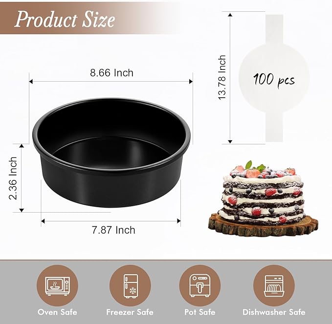 AIVIKI 8-Inch Round Cake Pan Set of 3, Nonstick Smash Cake Baking Pans Tins with 100 Pieces Parchment Paper, Carbon Steel Bakeware for Birthday Christmas, Oven & Dishwasher Safe