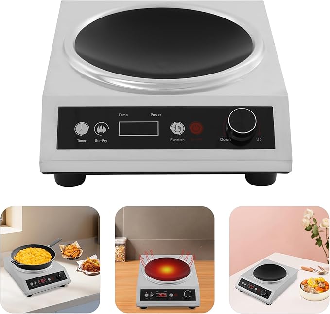 1800W Electric Wok Used For Home And Commercial,Induction Wok With Concave Surface Stainless Steel Strong Power Dual Control Mode 10 Power And Temp 24H Timer Induction Cooktop For Cooking