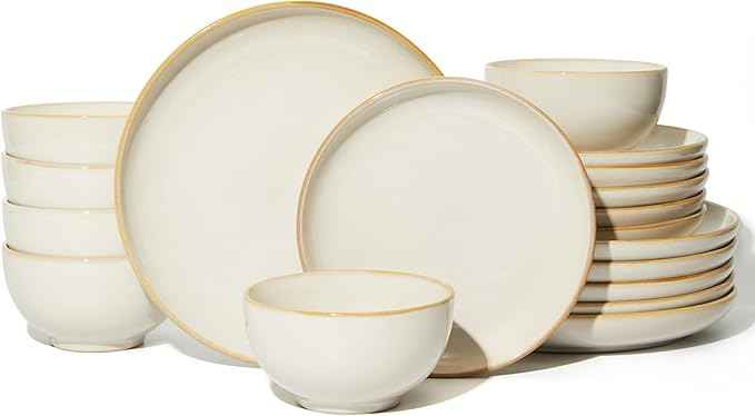 Stoneware Dinnerware Sets for 6, 18 Piece Microwave Safe Plate and Bowl Set, Easy to Clean & Durable Dishes Sets for Small to Medium Families, Yellow White