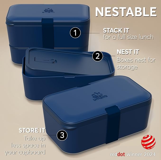 Umami Lunch Box Containers w/ 4 Utensils, 2 Sauce Jars, Nestable Space-Saving Bento Box Adult, 100% Leakproof, Microwavable Lunch Containers for Adults, Design Award Winner, Midnight Blue, 50 oz