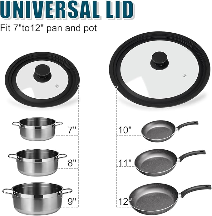Universal Lid for Pots, Pans and Skillets - Tempered Glass Lid with Heat Resistant Silicone Rim Fits fit 7", 8" 9" & 10", 11", 12" Diameter Cookware, Replacement Lid for Frying Pan & Cast Iron Skillet