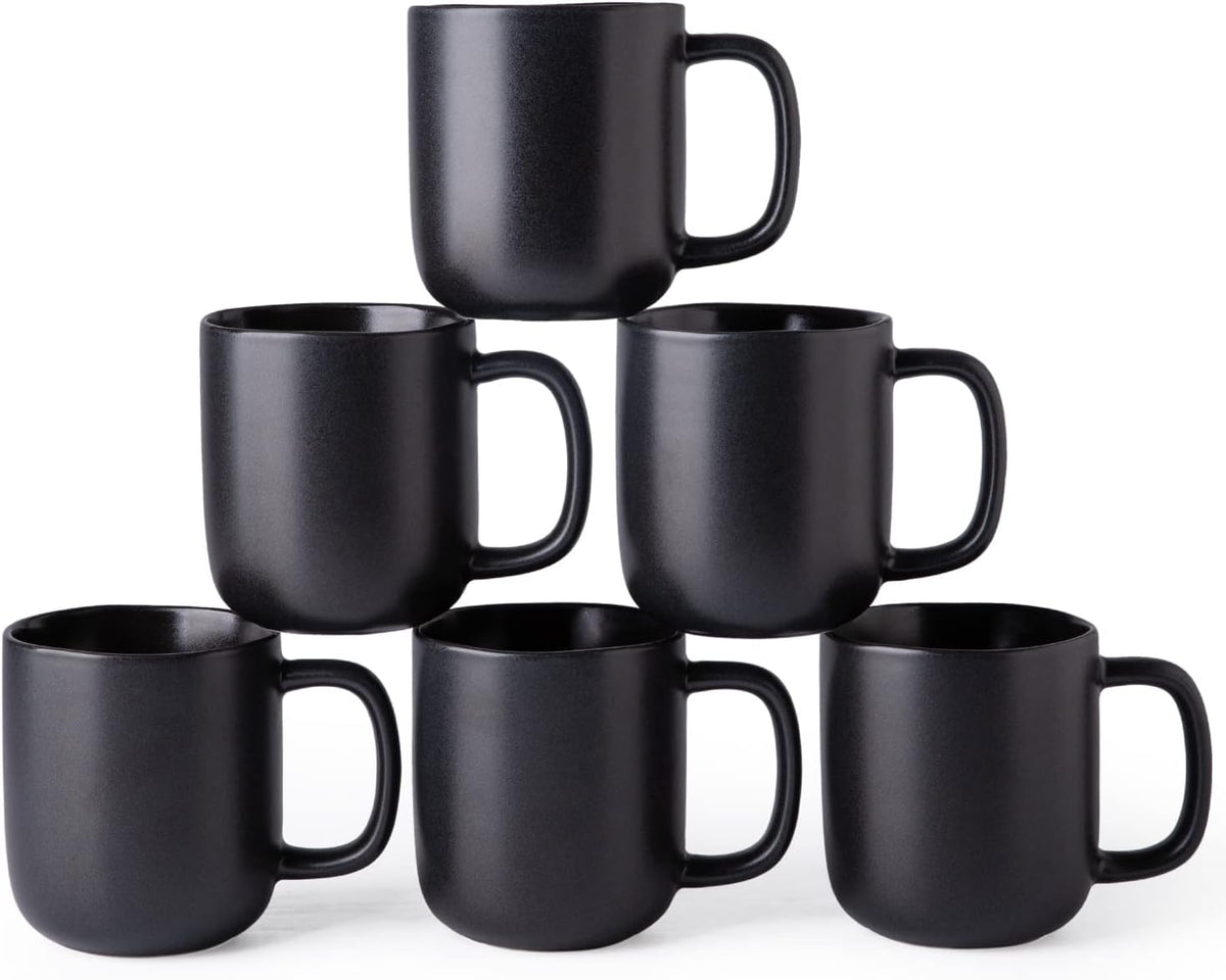 AmorArc 14oz Coffee Mugs Set of 6, Ceramic Coffee Mugs with Large Handle & Wavy Rim for Latte/Hot Cocoa/Tea, Stylish Coffee Mugs for Men Women. Oven,Dishwasher&Microwave Safe, Matte Black