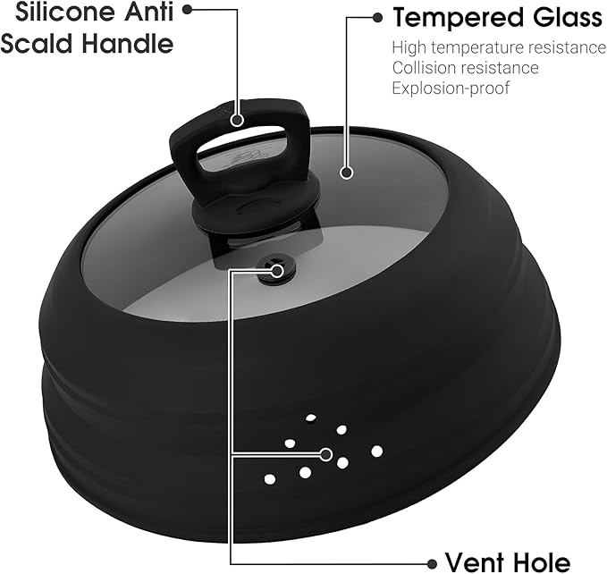 Microwave Splatter Cover Collapsible Silicone & Tempered Glass 10.8 Inch Microwave Cover for Food Splatter Guard with Steam Vents Dishwasher Safe Fits Bowls, Plates & Pots (Black)