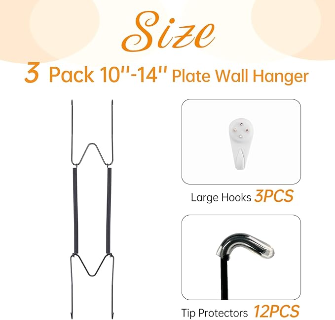Bilillo 3 Pack Plate Hangers for The Wall, Suitable for 10''-14'' Decorative Plate,Invisible Heavy Duty Wire Plate Holder with Wall Hooks, Plate Hangers for Displaying Plates, Platter, Dish (Black)