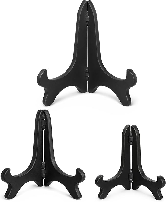 3 Pack Plastic Frame Holder Stand, 3 Size Black Plate Display Stand, Foldable Picture Stands for Display Platter, Dish, Book, Photo