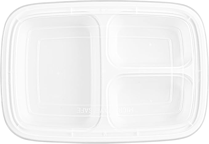 Asporto 26 Ounce Compartment Take Out Boxes, 50 Microwavable Meal Prep Containers - 3 Compartments, With Clear Plastic Lids, White Plastic Food Containers, Do Not Contain BPA - Restaurantware