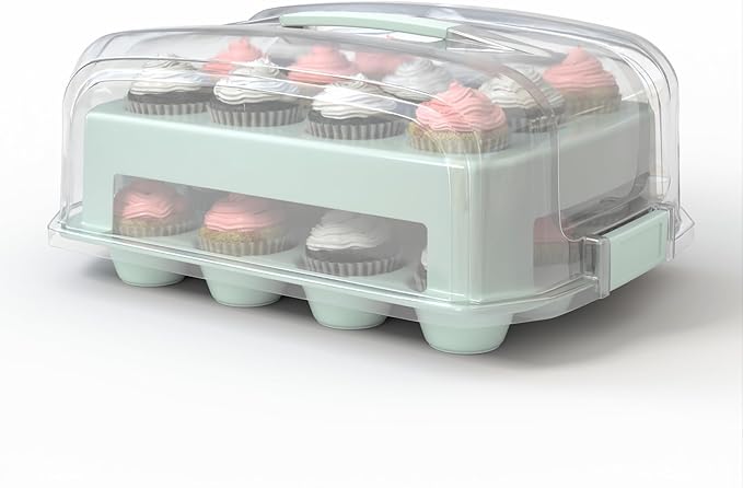 Top Shelf Elements Cupcake Carrier, EXTRA TALL LID, Green Cupcake Holder Carries 24 Standard-Size Cupcakes, Muffin Traveler Two Tier Stand Reusable Cupcake Box