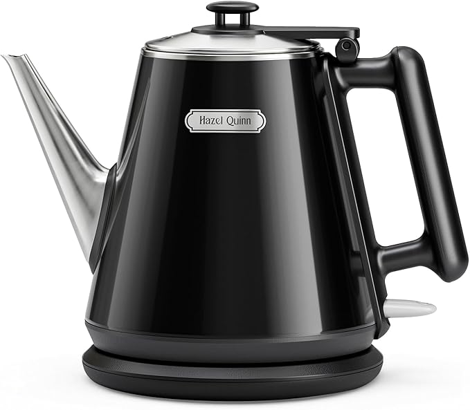 Hazel Quinn Electric Kettle - 1L/34oz Small Tea Kettle, 800W Fast Boil, All 304 Stainless Steel Interior, Double Wall for Cool Touch and Thermal, Auto Shut-Off, BPA-Free, Cordless - Jet Black