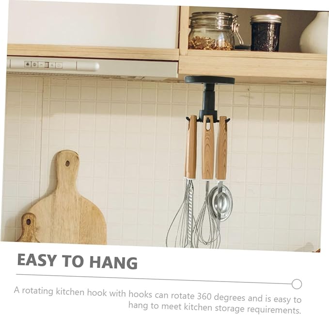 Lurrose 3pcs Rotating Kitchen Utensil Hooks Set, Black Metal Hanging Rack for Spatula Spoon Storage, Under Cabinet Organizer for Kitchen Cooking Tools