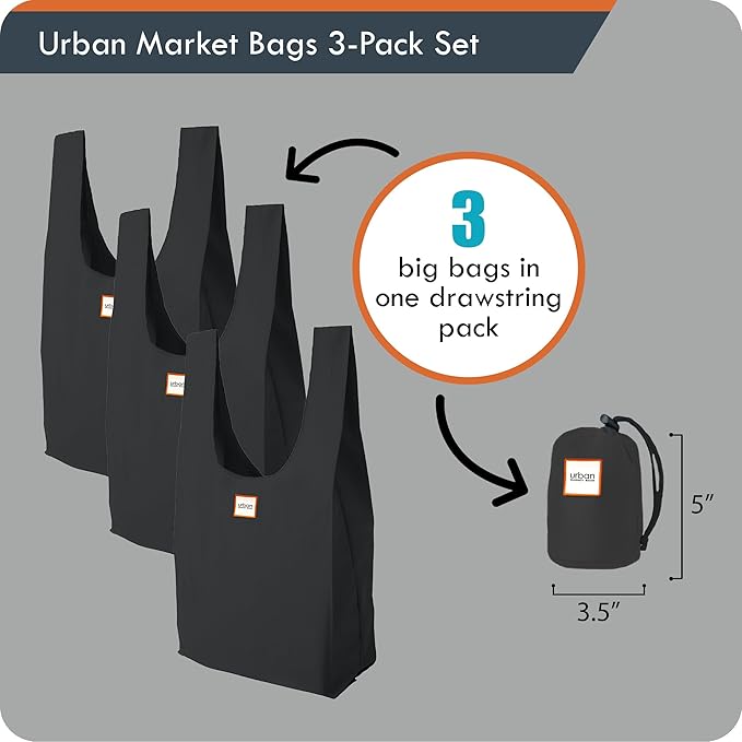 Urban Market Bags - Onyx - 3 Foldable Reusable Shopping Bags in 1 Compact Pouch, Luxury Quality, Recycled Fabric, Holds 50+ lbs, Machine Washable, Pouch Fits in Cupholder, Designed in California