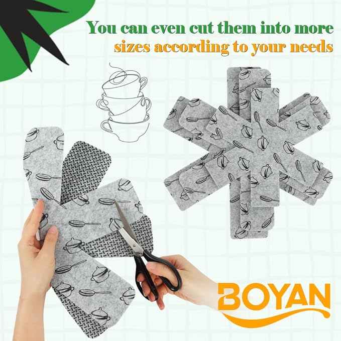 BOYAN Pot and Pan Protectors, Larger & Thicker Felt Pot Protectors for Stacking, Set of 12 & 3 Different Sizes, Cookware Accessories, Pan Separators for Stacking Skillet Ceramic Glassware