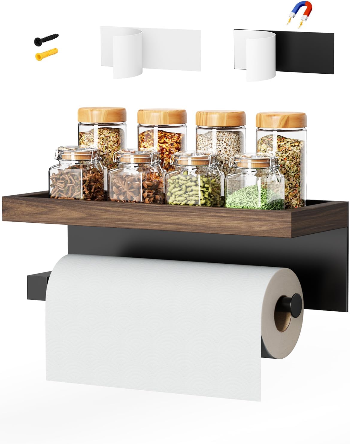 3-in-1 Paper Towel Holder Magnetic Adhesive Wall Mount - Paper Roll Holder with Shelf Under Cabinet, Kitchen Essentials for New Home Apartment Decor, RV Camper Organization Must Haves, Rustic