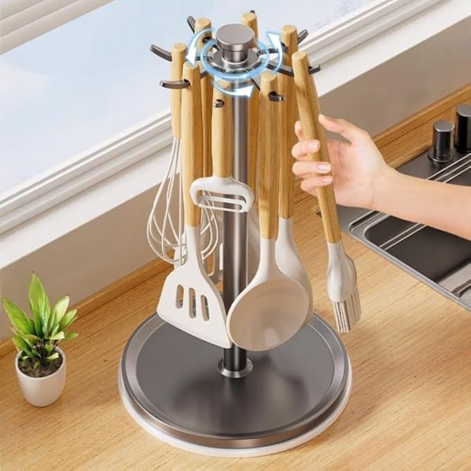Organizer Rack Rotatable Utensil Holder, With 8 Hooks And 360 Degree Rotation For Kitchen Countertop, Space Saving Organizer For Cooking Tools(Grey)