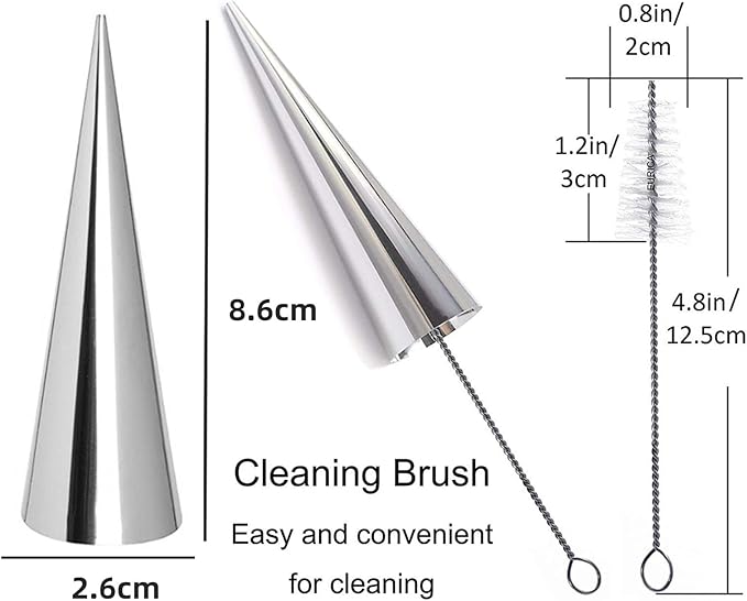 Joyeee 12 Pack Small Cream Horn Molds Stainless Steel, 3.4 Inch Mini Size Cone Shaped Cream Horn Forms with Cleaning Brush, Baking, for Christmas Party, Wedding Desserts, Festive Dinners