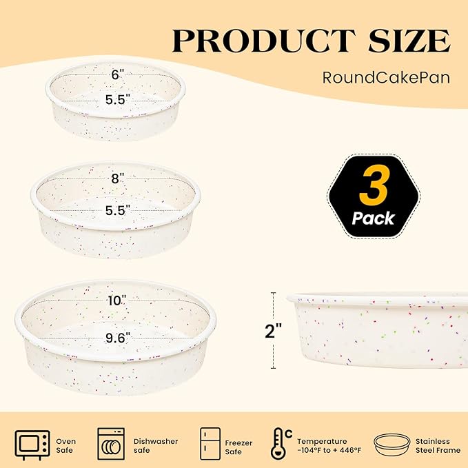 SJ 6, 8, 10 Inch Silicone Round Cake Pan with Metal Reinforced Frame Set of 3, Nonstick Silicone Cake Mold for Baking Suitable for Making Layers, Cheese & Chocolate Cakes