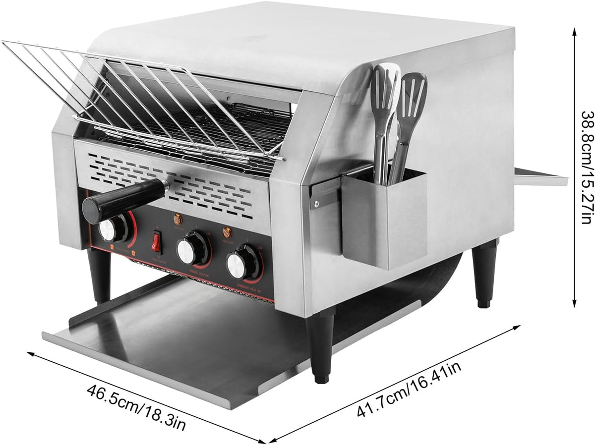 Commercial Conveyor Toaster 450 Slices/Hour Stainless Steel Conveyor Restaurant Toaster 2400W Countertop Electric Industrial Toasters w/Double Heating Tubes for Bun Bagel Bread Baked Food
