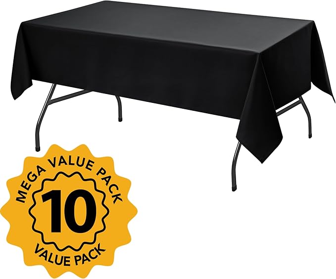 10-Pack Black Tablecloths for Rectangle Tables, 54 x 108 Inches, Stain-Resistant Polyester Fabric for 6 Foot Tables - Washable Table Covers for Weddings, Banquets, Birthday Parties, Events