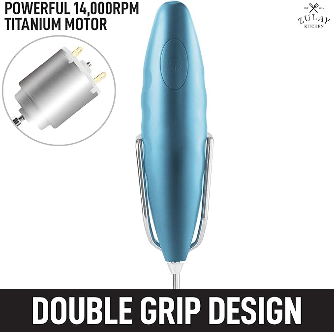 Zulay Double Grip Milk Frother with Holster Stand – Handheld Electric Coffee Frother, One-Touch Foam Maker – Detachable SS Whisk for Latte, Cappuccino, Matcha, Hot Chocolate – Metallic Ice Blue