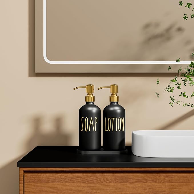 MOMEEMO Bathroom Soap Dispenser Set, Contains Hand Soap and Lotion Dispenser, Suitable for Black and Gold Bathroom Decor. (Black & Gold)
