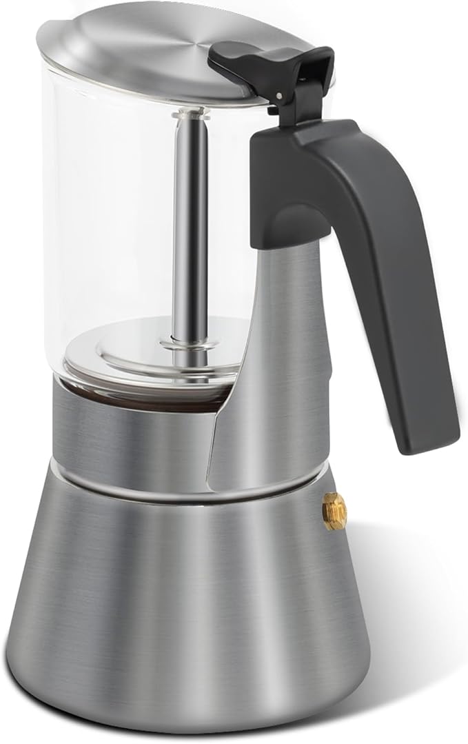 Grasseed Crystal Glass-Top Moka Pot, Polished Stainless Steel Stovetop Espresso Maker for Italian Coffee, Gift for Coffee Lovers - 4 Cup/160ml/5.6oz