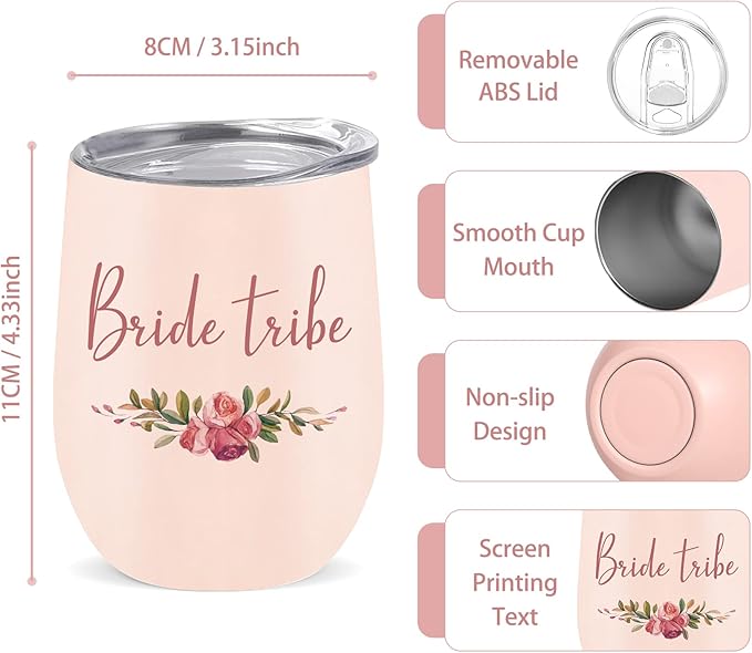 CARAKNOTS Bride Tribe Gifts Bride Tribe Cups Set of 6 Bachelorette Party Gifts Wedding Wine Tumbler for Bridal Shower Engagement Party Favor Cups Pink Stainless Steel Tumbler with Lid and Straw 12 oz
