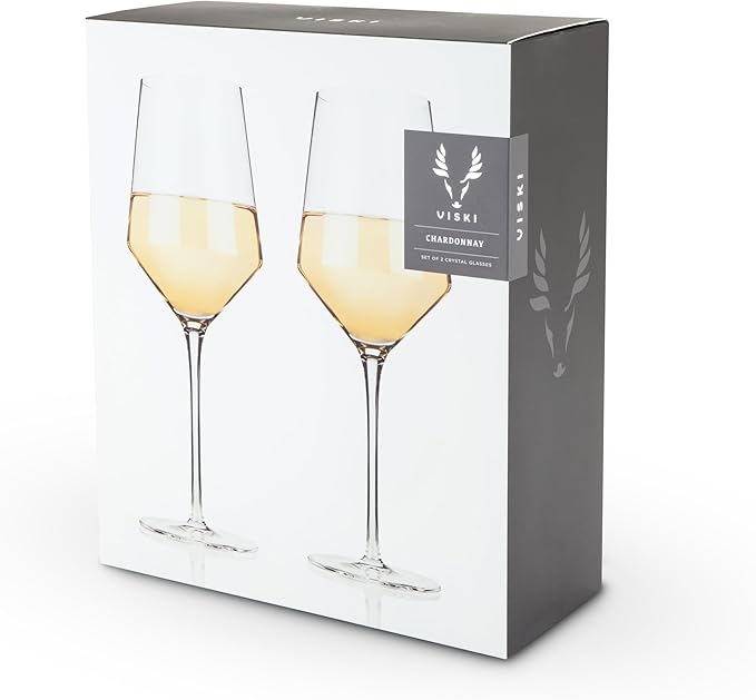 Viski Raye Crystal Angled Chardonnay Glasses, Sleek and Modern Design White Wine Glasses Set, Elegant Glassware for Wedding Gifts, Anniversary, Birthday Gifts, Home Bar Essentials, 13 oz, Set of 2